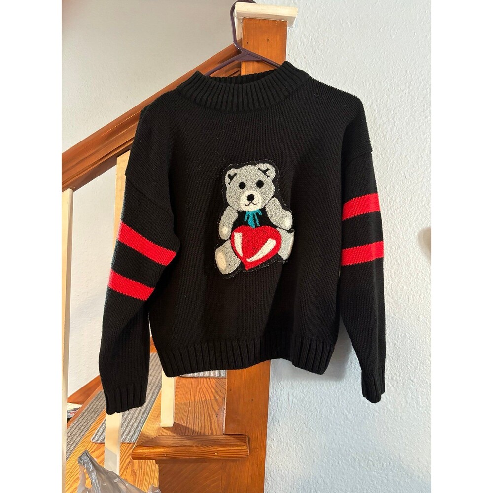 DEB vintage 80s 90s heart teddy bear sweater black red M teacher cute grandma